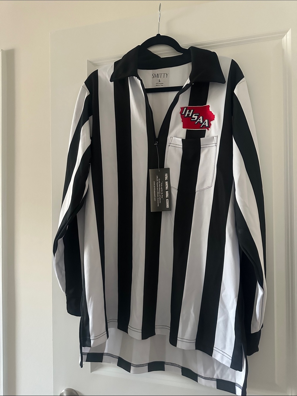 Smitty Black & White Striped Referee Shirt with IHSAA Patch - size large (Iowa)
